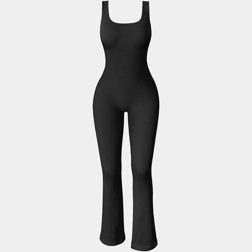 OQQ Black Ribbed Jumpsuit Yoga Workout Bell Bottoms NWT Size Small